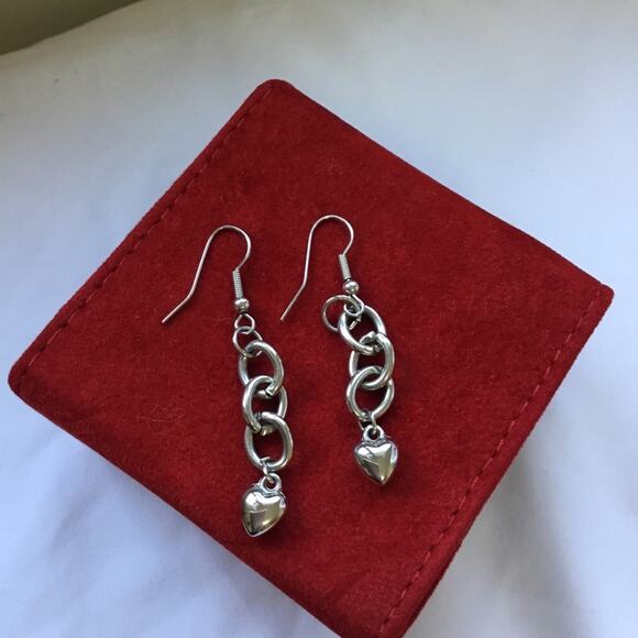 Silver Cute Dangle Heart Earrings - Picture 1 of 4